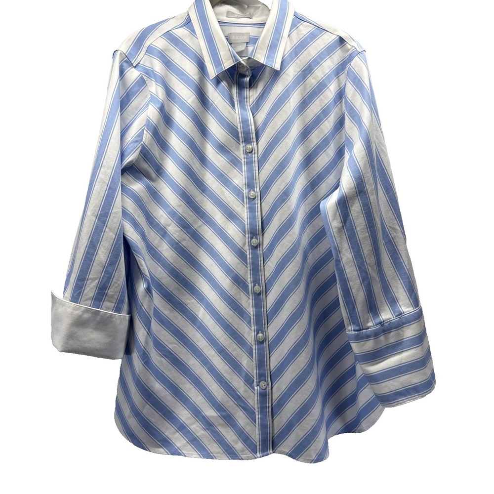 Chico's Women Blue White Striped No Iron Button Up Blouse Top Size 2.5 L 14
